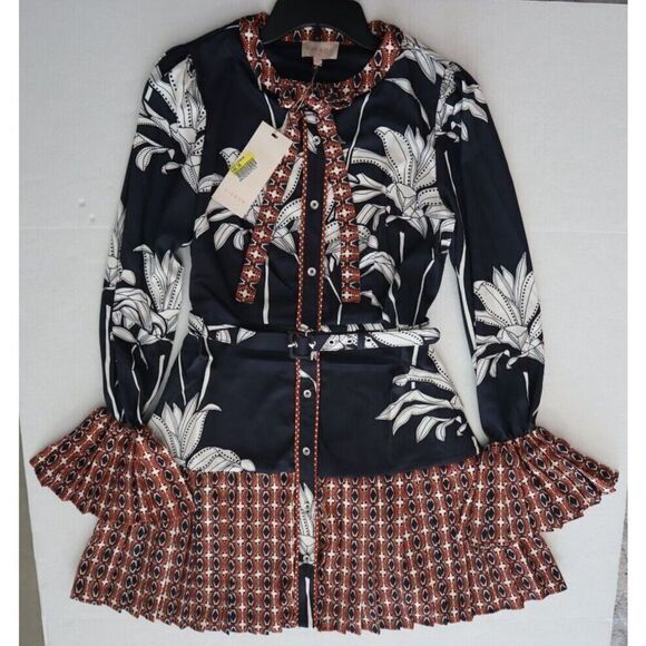 CIEBON Women's Sz M Black Multi Edda Pleated Tie Neck L/S Satin Mini Dress - Picture 1 of 9